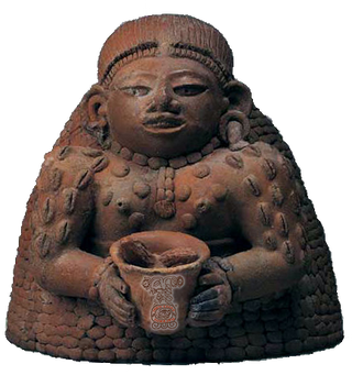 Terracotta mayan figurine IxCacao holding a cacao cup 
